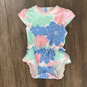 Ruffle Butts Kids Swim One Piece - Blue, Pink, Green Floral
